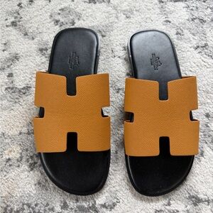 Hermes Izmir Slide Sandals yellow with Black Soles